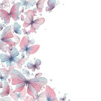 papillons sont rose, bleu, lilas, en volant, délicat avec ailes et éclaboussures de peindre. main tiré aquarelle illustration. cadre, modèle sur une blanc arrière-plan, pour conception vecteur