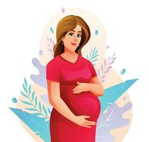Enceinte femme étreindre sa ventre avec la nature feuilles Contexte. grossesse concept vecteur dessin animé illustration