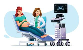 Enceinte femme avoir ultrason dans clinique. ordinaire médical vérifier en haut grossesse avec médecin. vecteur dessin animé personnage illustration