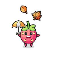 dessin animé de la fraise mignonne tenant un parapluie en automne vecteur