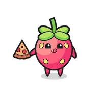 dessin animé mignon aux fraises mangeant de la pizza vecteur