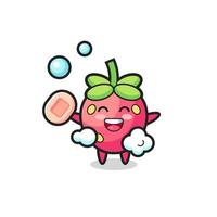 le personnage de fraise se baigne tout en tenant du savon vecteur