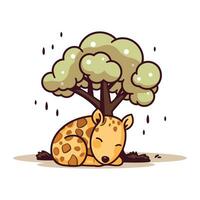 mignonne dessin animé girafe en train de dormir en dessous de une arbre. vecteur illustration.