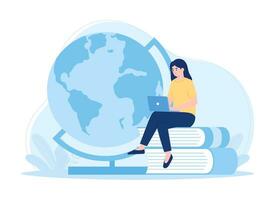 une femme est assis avec une portable et une globe concept plat illustration vecteur