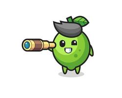 mignon personnage de citron vert tient un vieux télescope vecteur