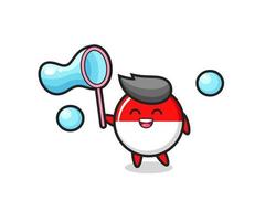 dessin animé insigne de drapeau indonésien heureux jouant à la bulle de savon vecteur