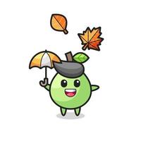 dessin animé de la goyave mignonne tenant un parapluie en automne vecteur