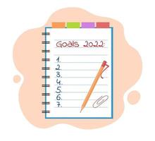 objectifs pour 2022 écrits sur le bloc-notes isolés. modèle de liste cible vecteur