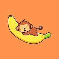 Singe mignon allongé sur l'illustration de l'icône de dessin animé de banane vecteur