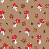 l'automne sans couture modèle avec amanite champignons, glands et érable feuilles. conception pour tissu, textile, fond d'écran, emballage papier. vecteur illustration