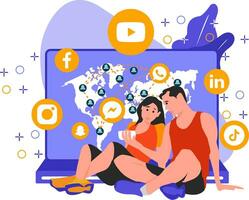 Jeune couple en train de regarder vidéo sur mobile et socialement connecté à le monde vecteur