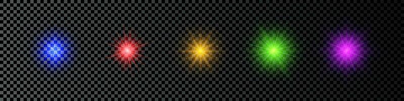lumière effet de lentille fusées éclairantes. ensemble de cinq multicolore embrasé lumières starburst effets avec scintille sur une foncé Contexte. vecteur illustration