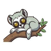 mignonne dessin animé maki en train de dormir sur une branche. vecteur illustration.