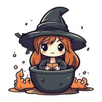 mignonne peu sorcière fille avec une pot de potion. vecteur illustration.
