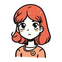 dessin animé illustration de une peu fille avec rouge cheveux et triste yeux. vecteur