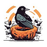 corbeau séance dans une fleur pot. main tiré vecteur illustration.