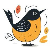 mignonne peu oiseau avec l'automne feuilles. vecteur illustration dans plat style.