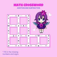 math mots croisés puzzle pour enfants. une addition et soustraction. compte en haut à dix. Jeu pour les enfants. vecteur illustration. coloré mots croisés avec dessin animé anime fille. tâche, éducation Matériel pour enfants.