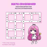 math mots croisés puzzle pour les enfants. ajout, soustraction, multiplication et division. compte en haut à 20. vecteur illustration. Jeu avec dessin animé anime fille. tâche, éducation Matériel pour enfants.