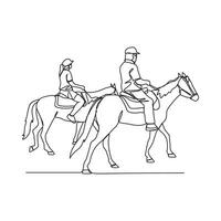 un continu ligne dessin de gens équitation le cheval. une jockey est Quelqu'un qui monte une cheval dans une course. équitation le cheval dans Facile linéaire style vecteur illustration. adapté conception pour votre actif.