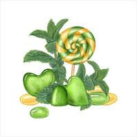 menthe poivrée des sucreries, sucette, en forme de coeur caramels, menthe branche. bonbons avec rayé tourbillonne, sucre caramel sur bâton. parfumé Frais menthe brins. aquarelle illustration pour papeterie, bonbons magasin vecteur