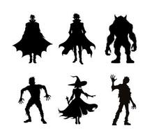 Halloween monstre silhouettes isolé sur blanc Contexte. sorcière, zombi, dracula, vampire et loup-garou. dessin animé personnages des illustrations autocollants vecteur