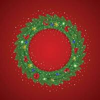 réaliste Noël vert couronne avec rouge et bleu des balles avec neige et flocon de neige avec lumière. vecteur