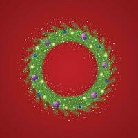 réaliste Noël vert couronne avec bleu des balles et neige avec une rouge Contexte et lumières. vecteur