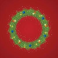 réaliste Noël vert couronne avec bleu et rouge des balles avec neige et une rouge Contexte avec d'or étoiles et léger. vecteur