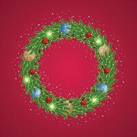 Noël vert couronne avec bleu et rouge avec d'or des balles et neige avec lumière. vecteur