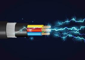 électrique câble avec cuivre fils, Puissance équipement de énergie industrie. vecteur réaliste câble Pause ou déconnecter avec électrique décharge et des étincelles entre dépouillé conducteurs.