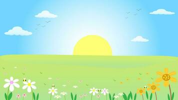 paysage de champs verts de prairie de printemps avec fond de montagne, ciel bleu et nuages, illustration vectorielle de dessin animé pour le printemps vecteur