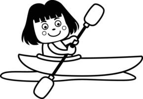 illustration noir et blanc enfant fille équitation dans une canoë vecteur