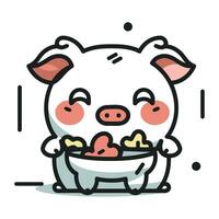 mignonne porc avec une bol de aliments. vecteur illustration dans dessin animé style.