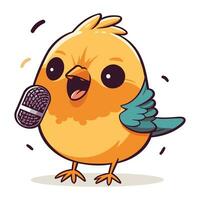 mignonne dessin animé oiseau en chantant karaoké avec microphone. vecteur illustration.