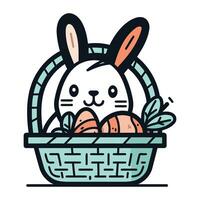 mignonne Pâques lapin dans une panier avec des œufs. vecteur illustration.