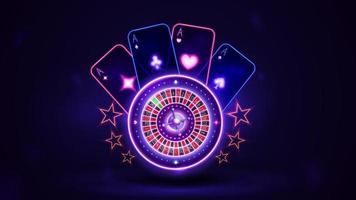 Roue de roulette de casino au néon rose brillant avec des cartes à jouer vecteur