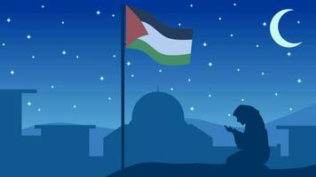 Palestine paysage vecteur illustration. silhouette de Al aqsa mosquée à nuit avec femme musulman prier. paysage illustration de Palestine pour Contexte ou fond d'écran
