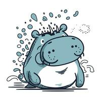 mignonne dessin animé hippopotame avec l'eau gouttes. vecteur main tiré illustration.