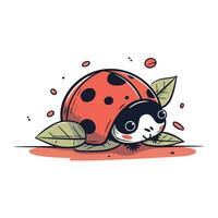 coccinelle et feuilles. main tiré vecteur illustration dans dessin animé style.