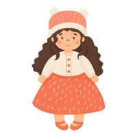 les enfants jouet poupée. magnifique mignonne fille avec longue cheveux dans robe et tricoté chapeau. vecteur illustration dans dessin animé style.