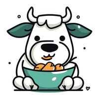 mignonne dessin animé vache avec une bol de aliments. vecteur illustration.