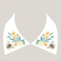 satin point broderie conception avec Jaune fleurs et abeille. populaire ligne floral branché modèle pour robe collier. Naturel mode ornement pour cou sur blanc Contexte. vecteur