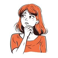 illustration de une Jeune femme en pensant avec sa main sur sa menton vecteur