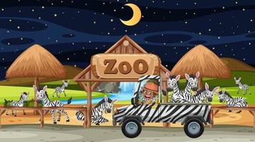 groupe de zèbres dans une scène de safari avec des enfants dans la voiture de tourisme vecteur