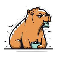 mignonne dessin animé hippopotame avec une tasse de thé. vecteur illustration.