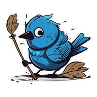 mignonne dessin animé bleu oiseau avec une balai sur une blanc Contexte. vecteur