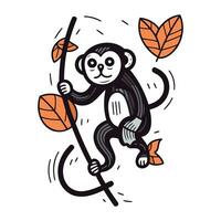 mignonne singe escalade sur une branche avec feuilles. vecteur illustration.