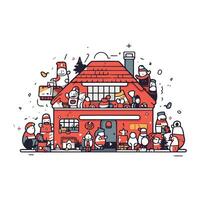 vecteur illustration de gens dans Père Noël claus costume permanent près maison.