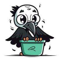 mignonne dessin animé corbeau séance dans une pot de fleur. vecteur illustration.